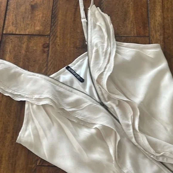 Gentle Fawn Mini Beige Cream Cascading Ruffle Zip Up spaghettini straps dress 6 - Picture 4 of 16